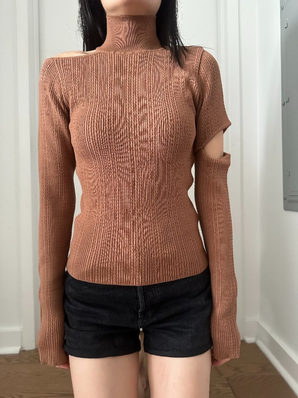 ANDERSSON BELL Brown Turtleneck Cutout Sweater